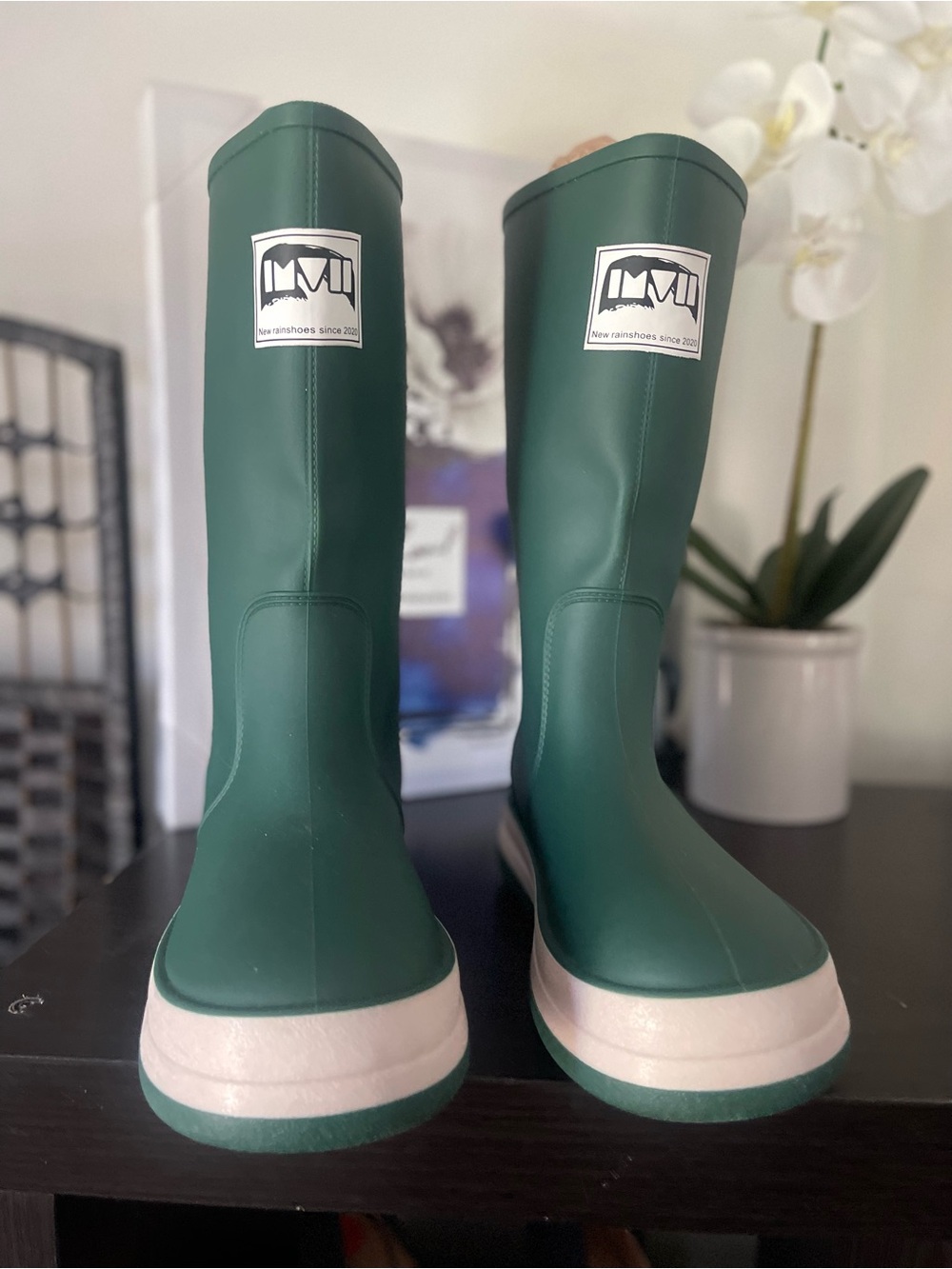 Dark Green Rain Boots with Cream Trim